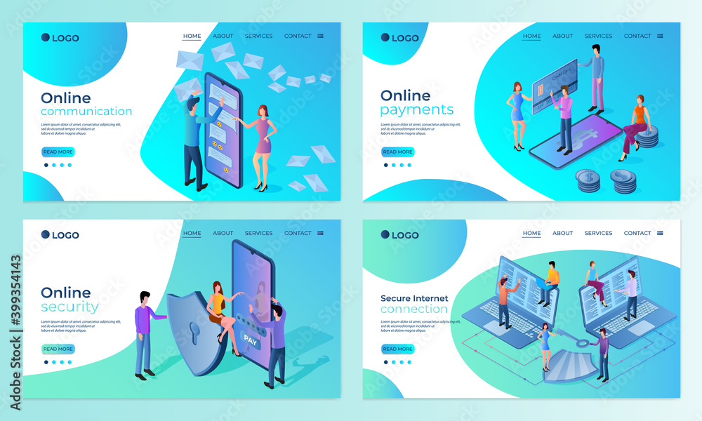 A set of landing page templates.Online communication, Online payments, Online security.Templates for use in mobile app development.