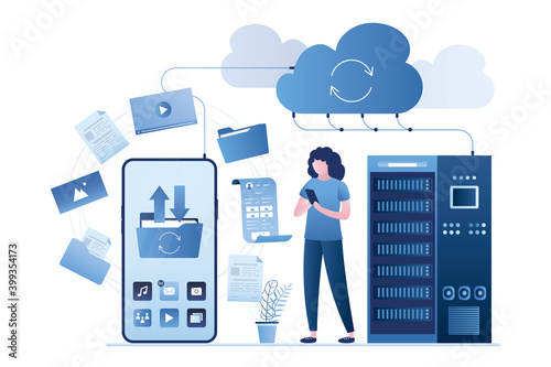 Big smartphone, female user uploading files in cloud storage. Upload and download data with remote servers via cloud technologies.