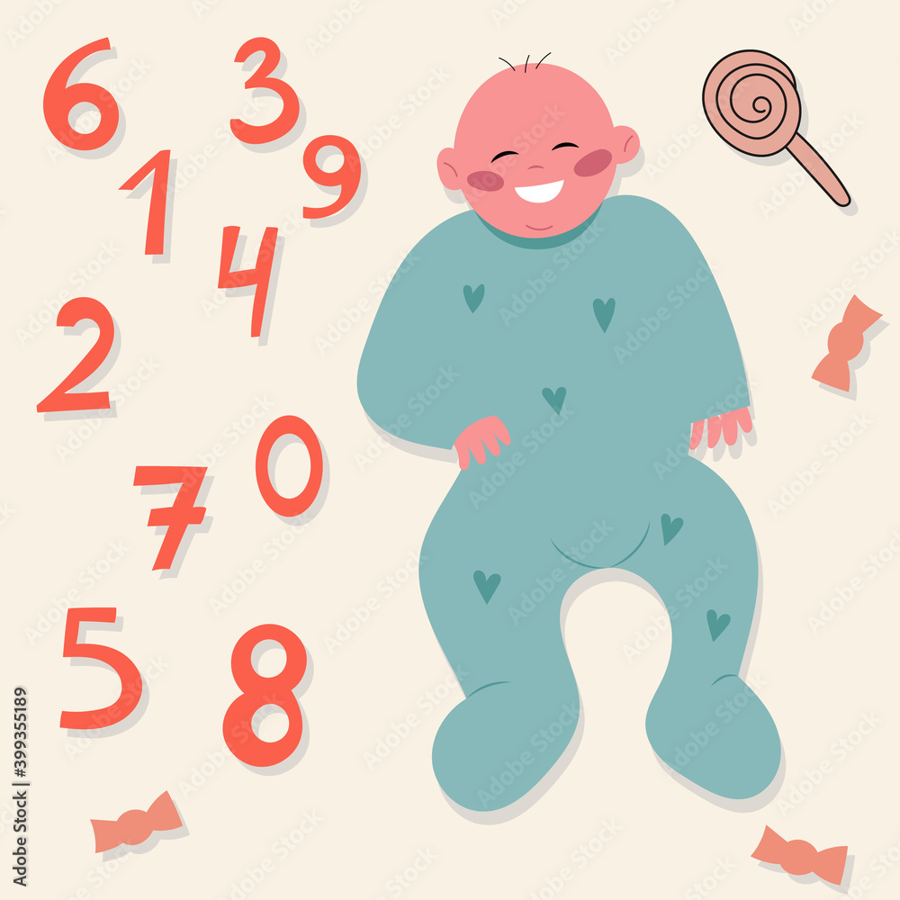 A small baby is lying in a jumpsuit, numbers to indicate the months of the baby's age, a small cute vector baby A small baby is lying in a jumpsuit, numbers to indicate the months of the baby's age, a small cute vector baby
