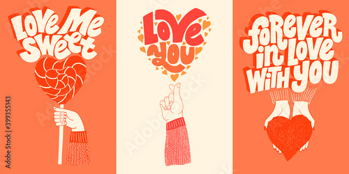 Vector card set for valentines day. Romantic collection for social media, print, t-shirt, card, poster, gift, landing page, web design elements. Hand-drawn lettering typography. Doodle illustration.