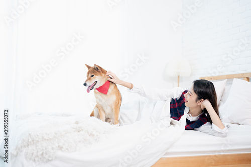 Shiba Inu in bed with a young Asian woman..
