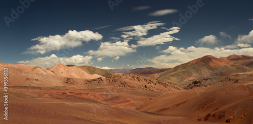 Volcanic landscape. Panorama view of the arid desert, brown and red Andes mountains, dry valley and colorful hills in Laguna Brava, La Rioja, Argentina. 