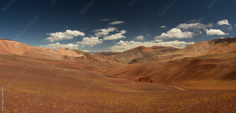 Fototapeta premium Volcanic landscape. Panorama view of the arid desert, brown and red Andes mountains, dry valley and colorful hills in Laguna Brava, La Rioja, Argentina.