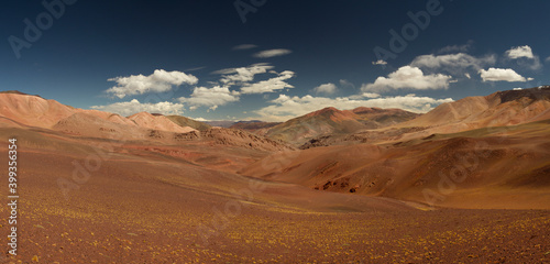 Volcanic landscape. Panorama view of the arid desert  brown and red Andes mountains  dry valley and colorful hills in Laguna Brava  La Rioja  Argentina.