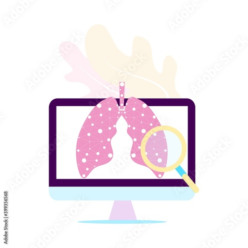 Isometric Lungs Checkup on the screen. Medical internet consultation concept. 3D Lungs healthcare consulting web service,  pulmonology fluorographic examination, hospital service vector illustration. 