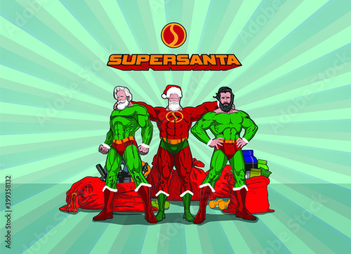 Vector illustration of SuperSanta with two helpers and five sacks. Two sacks are open and filled with fitness tools and supplements. All parts can be used individually and can be regrouped for differe photo