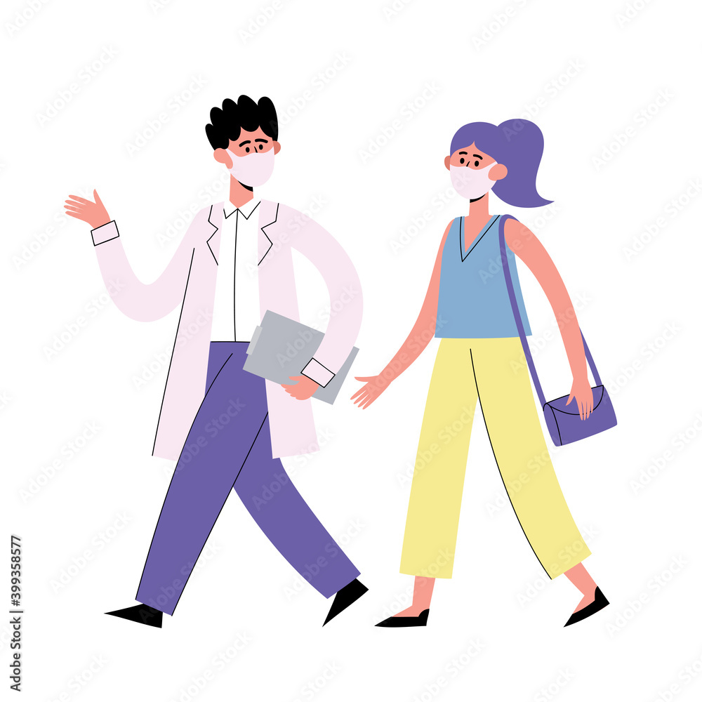 Flat vector illustration of male doctor talking with woman patient Flat vector illustration of male doctor talking with woman patient