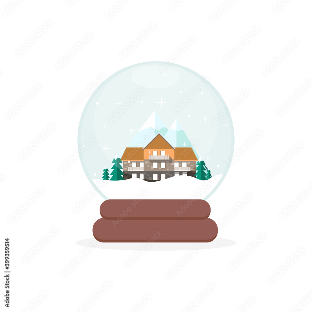 Cute House, Pine Trees, and Mountains Inside of a Snow globe Flat Vector illustration. Christmas Illustration. 