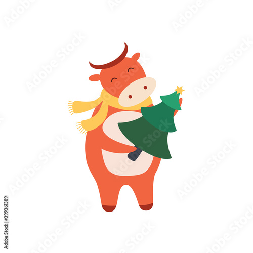 Bull with Christmas tree in cartoon style. Color flat ox chinese new year 2021 symbol. Vector animals with horns isolated on white background 