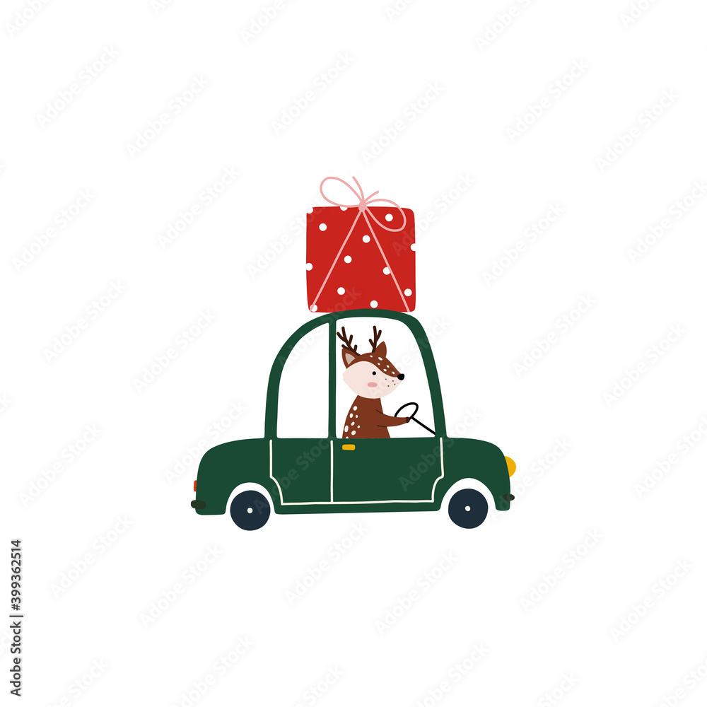 Reindeer riding a green Christmas car with a gift box on it. Cartoon style, islolated on white background Reindeer riding a green Christmas car with a gift box on it. Cartoon style, islolated on white background