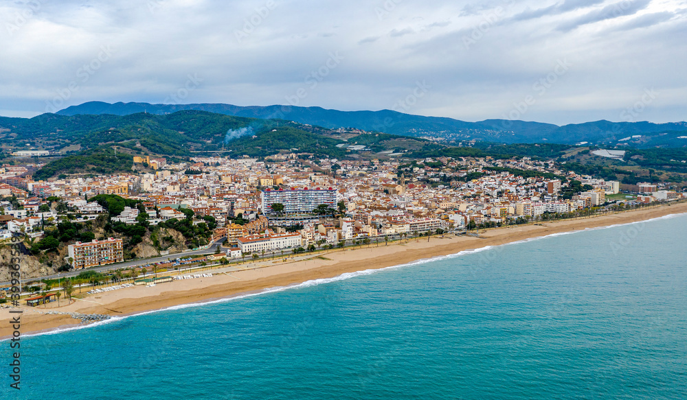 Aerial panoramic view of Canet de Mar city at dawn.  Barcelona, Spain.