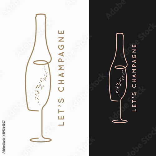 Champagne bottle logo. Glass of champagne on black