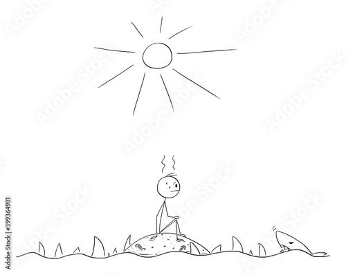 Vector cartoon stick figure illustration of frustrated man sitting alone on small empty deserted island surrounded by sharks.