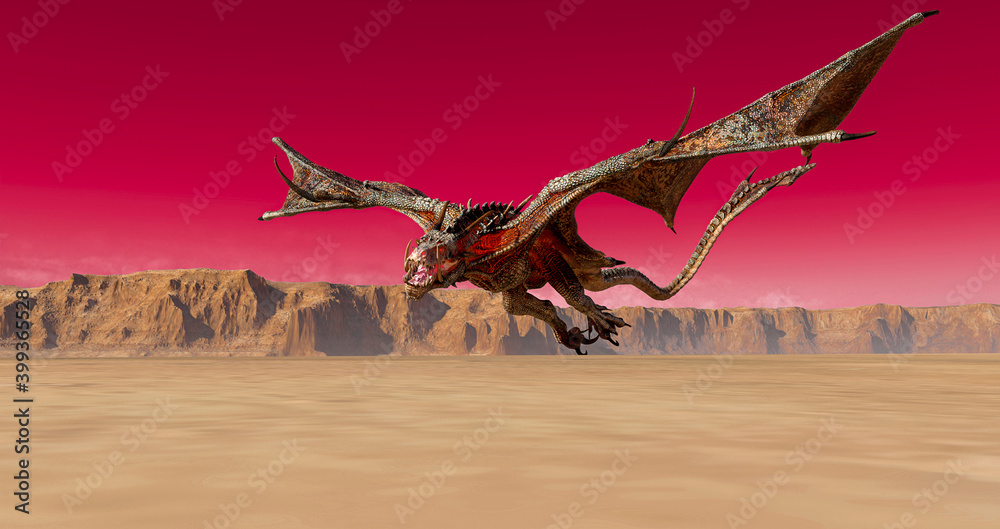 dragon is flying alone on desert