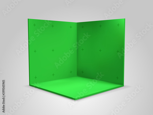 Green chroma key screen background with tracking markers, vector isometric studio room mockup. Chroma key greenscreen studio with camera trackers