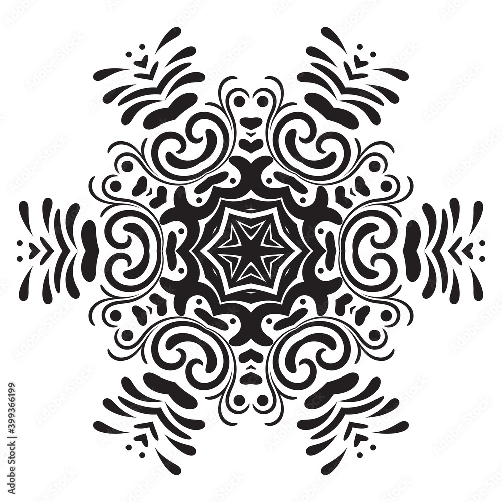 Snowflake. Mandala. Decorative round ornaments. Weave Indian design elements. Yoga logos. Black and white vector illustration