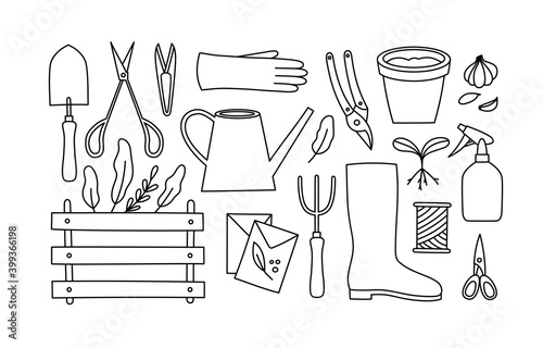 Vector illustration of gardening tools isolated on a white background. Line art. Watering can, trowel, seedling, rake, pruner, glove, seeds, rubber boot, threads, atomizer. Concept of healthy eating.