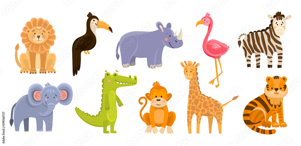 Hand drawn vector illustration of cute funny animals. Wild animals isolated objects. Flat design in flat cartoon style. Baby print concept. Illustrations for kids application animals jungle africa