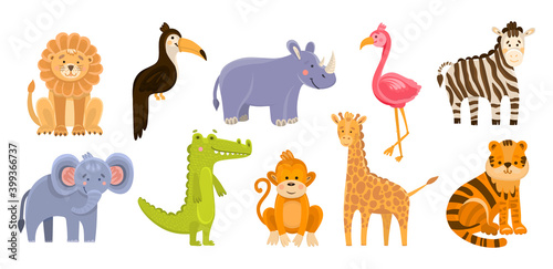 Hand drawn vector illustration of cute funny animals. Wild animals isolated objects. Flat design in flat cartoon style. Baby print concept. Illustrations for kids application animals jungle africa