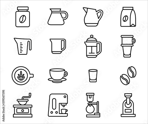 Simple Set of coffee and barista shop Related Vector icon user interface graphic design. Contains such Icons as coffee bean, jar, measure jug, server, french press, vietnam drip, syphon, roaster