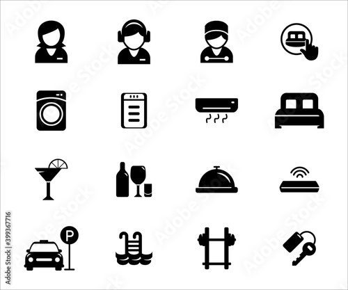 Simple Set of hotel service and facility Related Vector icon user interface graphic design. Contains such Icons as receptionist, customer service, bellboy, bed, cocktail, room key, cocktail, gym, pool