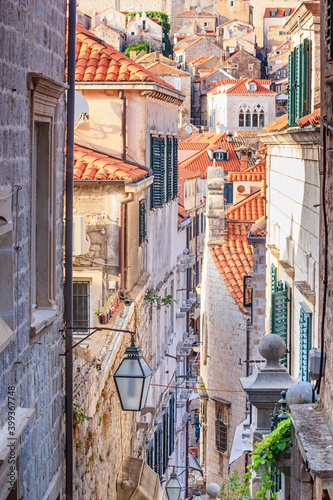 Summer cityscape - view of a medieval street with stairs in the Old Town of Dubrovnik on the Adriatic Sea coast of Croatia