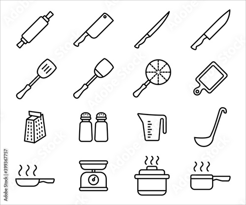 Simple Set of kitchen utensil Related Vector icon user interface graphic design. Contains such Icons as knife, cleaver, chopping board, spatula, fish turner, cheese grater, pan, steamer, measure jug