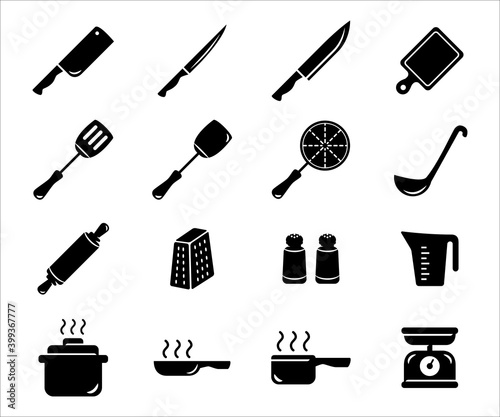 Simple Set of kitchen utensil Related Vector icon user interface graphic design. Contains such Icons as knife, cleaver, chopping board, spatula, fish turner, cheese grater, pan, steamer, measure jug