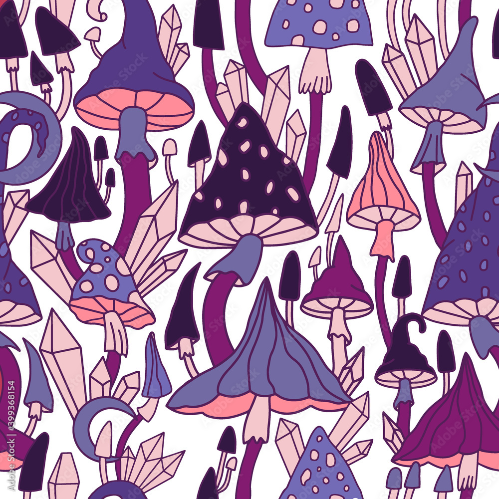 Vector magic seamless pattern with esoteric mushrooms, magic crystals, amanita on a white.Graphic lines and color.Hand drawn in a graceful mysterious style. For wrapping paper, caps, fabric, wallpaper Vector magic seamless pattern with esoteric mushrooms, magic crystals, amanita on a white.Graphic lines and color.Hand drawn in a graceful mysterious style. For wrapping paper, caps, fabric, wallpaper
