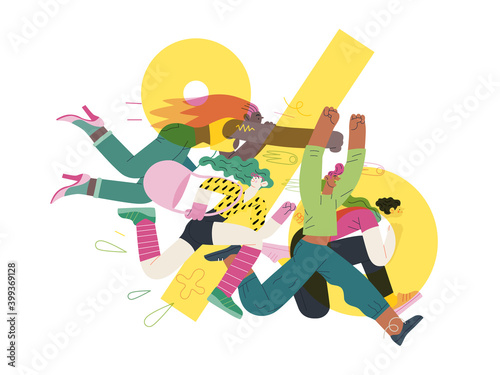 Discounts, sale, promotion - modern flat vector concept illustration of people crowd running in the pursuit of the discounts, with a big percent sign on the background