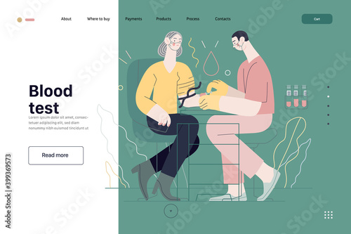 Medical tests illustration - blood test - modern flat vector concept digital illustration of blood test procedure - a patient and doctor with a syringe and test tubes, the medical office or laboratory