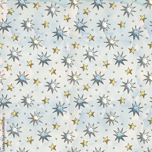 watercolor seamless pattern with different shapes of stars