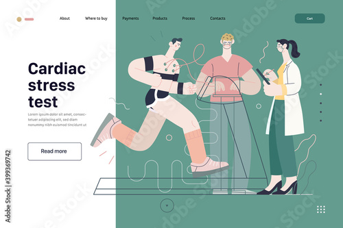 Medical tests template - cardiac stress test -modern flat vector concept digital illustration of stress test procedure -patient with sensors on treadmill and doctors carrying out procedure, laboratory