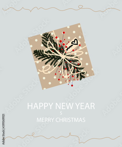 Happy New Year and Merry Christmas.
Festive template from holiday decor.
Gift design with ribbon knot bow, Christmas fir tree and dried berries.