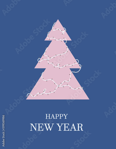 Festive design of Happy New Year postcard.
Festive template of delicate flowers. Christmas elegant tree is decorated with a garland.
Happy New Year congratulatory signature.