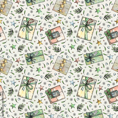 colorful watercolor seamless pattern with a wide range of Christmas decorations and elements