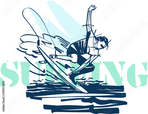 the vector illustration of the surfer on the surfing board