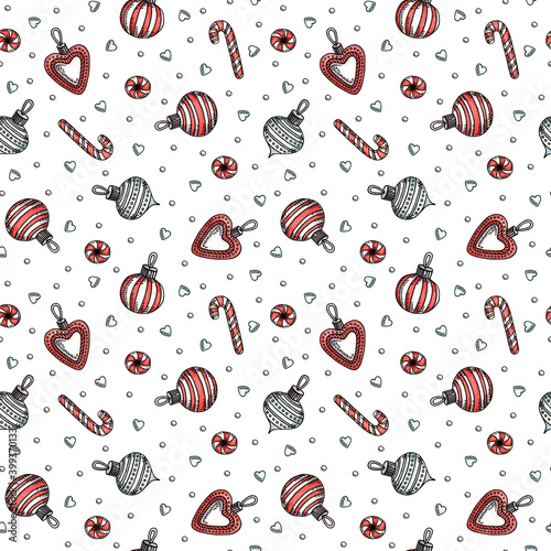 watercolor pattern with christmas toys, sweets and decorations