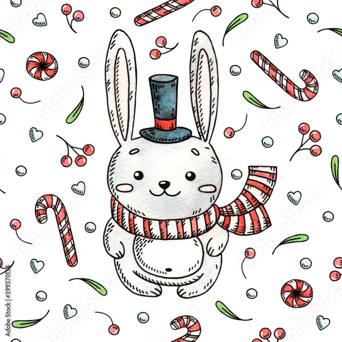 hand-painted watercolor illustration of a cute christmas bunny, can be used like a seamless pattern