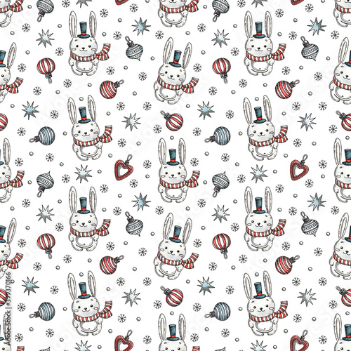 seamless pattern with cute bunnies and christmas elements on a white background