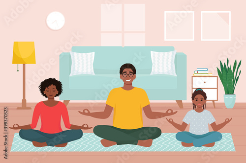 Afro american family doing yoga together at home. Cute vector illustration in flat style