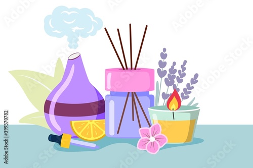 Decorative ultrasonic home diffuser and lavender flowers for meditation and freshness at home and aromatherapy Concept of a home spa and wellness space flat editable vector illustration