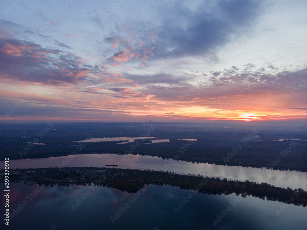Aerial view of morning sunrise over the Dnieper river