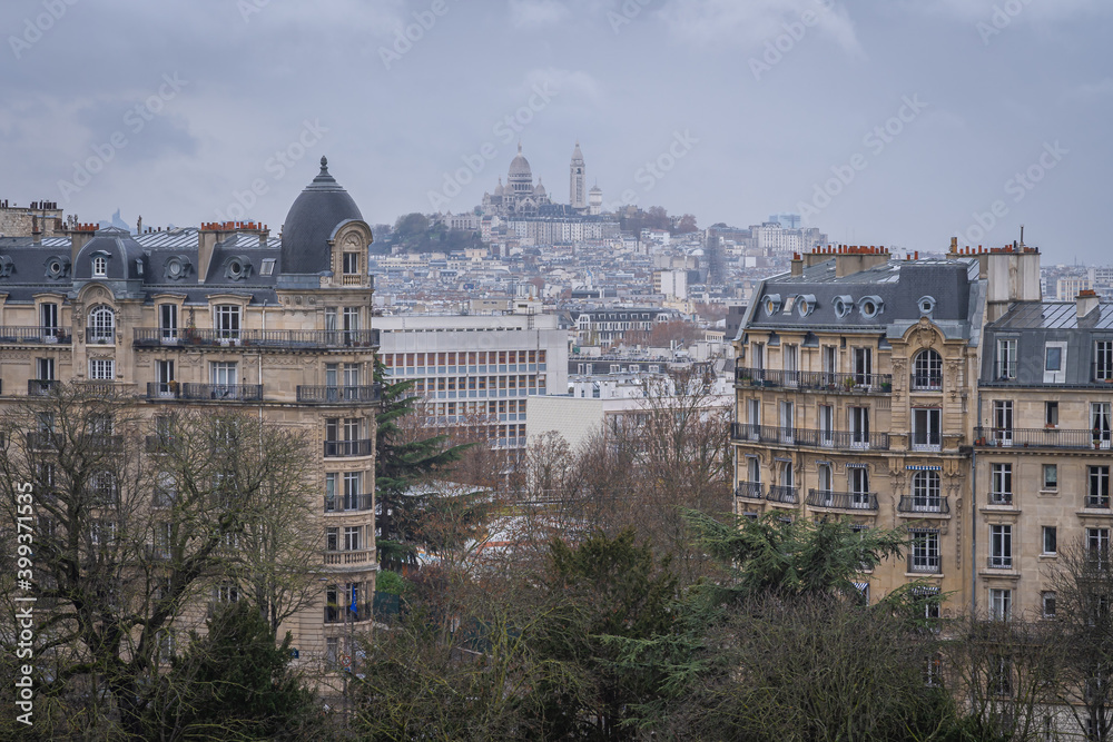 Paris, France - 12 12 2020: View of the Sacred Heart in Montmartre district from the Temple of the Sibyl
