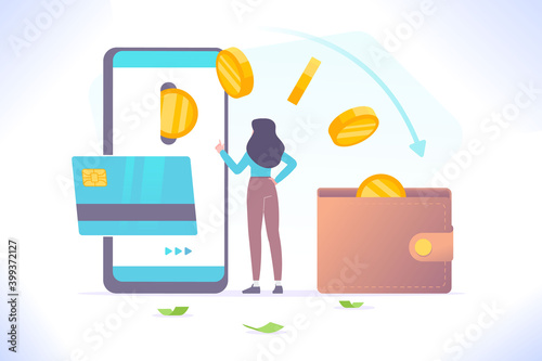 Online cashback and reward concept. Customer making payment with credit card and receives cash back from online store, money transfer from smartphone to wallet, vector illustration