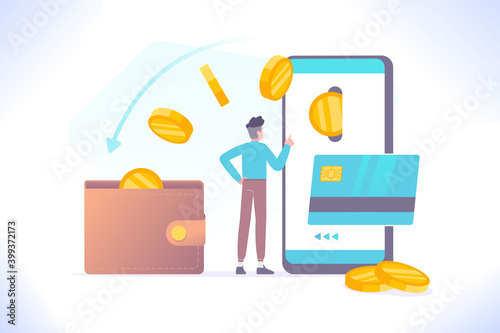 Online cashback and reward concept. Customer making payment with credit card and receives cash back from online store, money transfer from smartphone to wallet, vector illustration