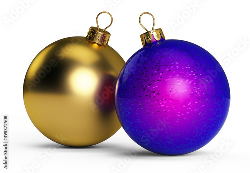 Gold and blue with silver stars Christmas balls. 3D render for card.