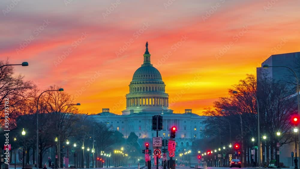 Timelapse of US Capitol at sunrise, Washington DC, USA