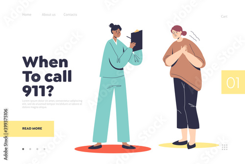 Call 911 landing page concept with woman having heart attack and chest pain and doctor cardiologist