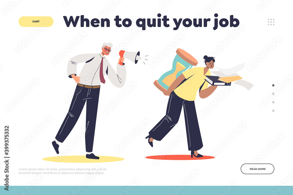 When to quit job concept of landing page with businessman screaming at overworked businesswoman